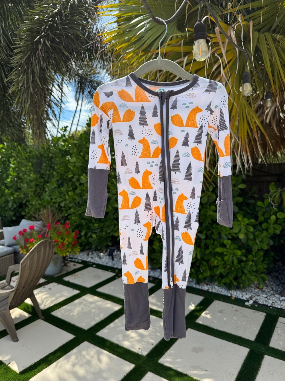 Bamboo Buckle me Baby Onesie Orange Fox Print Footie Pajamas with Gray Trim